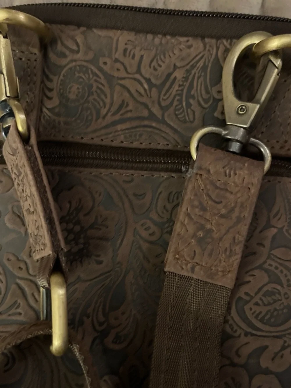Rivet & Burr  Embossed Floral Brown Leather Concealed Carry Crossbody Bag